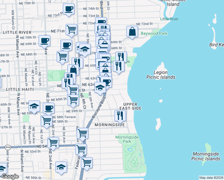 map of restaurants, bars, coffee shops, grocery stores, and more near 661 Northeast 61st Street in Miami