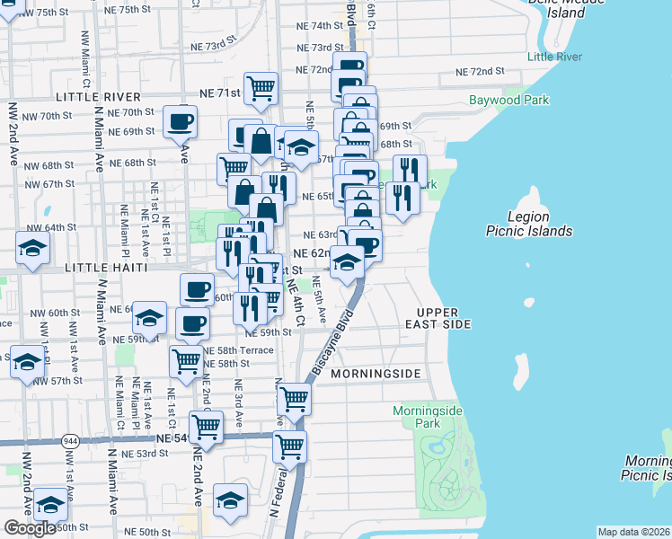 map of restaurants, bars, coffee shops, grocery stores, and more near 536 Northeast 62nd Street in Miami