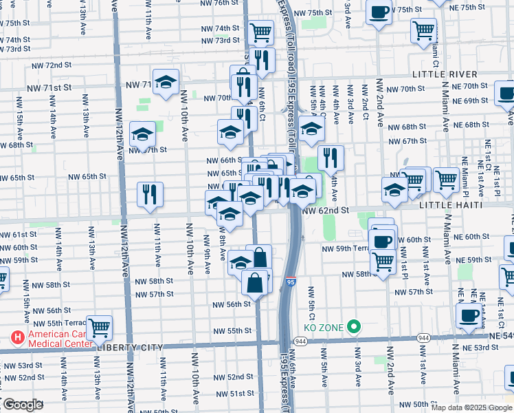 map of restaurants, bars, coffee shops, grocery stores, and more near in Miami
