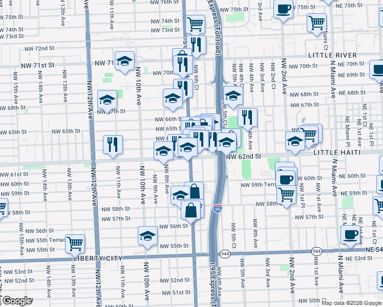 map of restaurants, bars, coffee shops, grocery stores, and more near in Miami