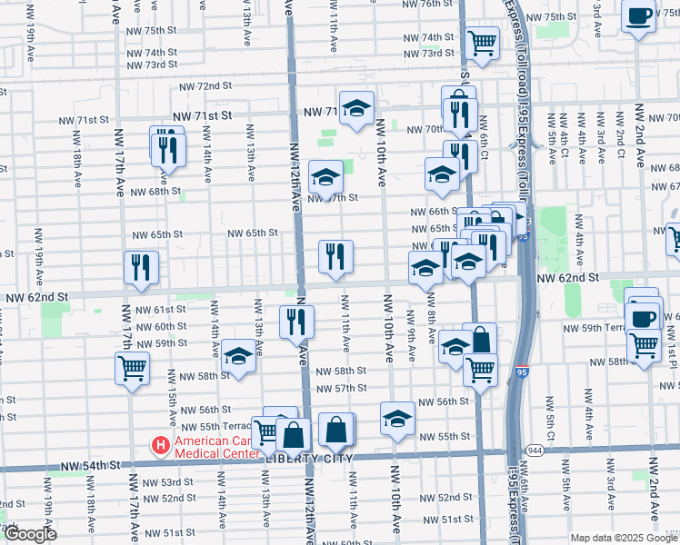 map of restaurants, bars, coffee shops, grocery stores, and more near 1137 Northwest 63rd Street in Miami