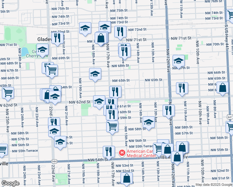 map of restaurants, bars, coffee shops, grocery stores, and more near 1685 Northwest 63rd Street in Miami