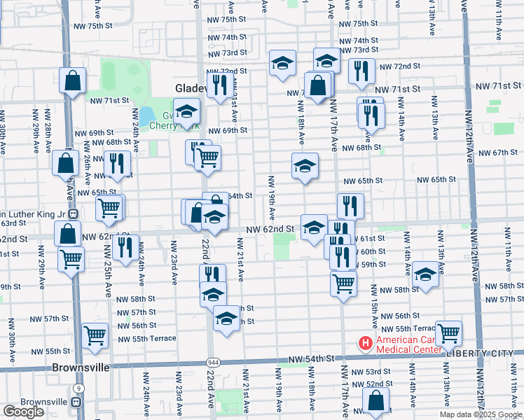 map of restaurants, bars, coffee shops, grocery stores, and more near 6318 Northwest 19th Avenue in Miami