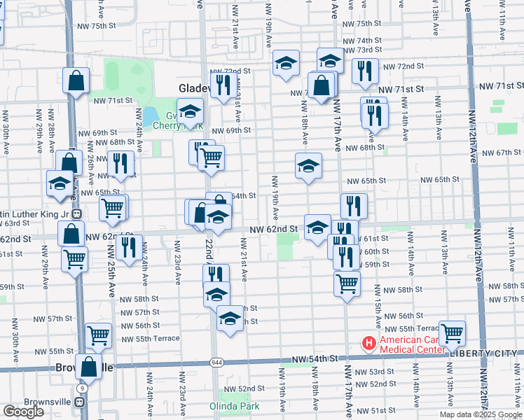 map of restaurants, bars, coffee shops, grocery stores, and more near 20 Northwest 21st Avenue in Miami