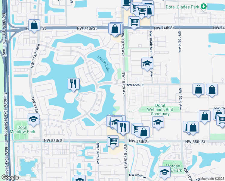 map of restaurants, bars, coffee shops, grocery stores, and more near 10770 Northwest 66th Street in Doral