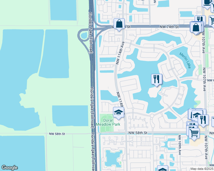map of restaurants, bars, coffee shops, grocery stores, and more near 6420 Northwest 114th Avenue in Doral