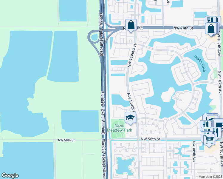 map of restaurants, bars, coffee shops, grocery stores, and more near 6560 Northwest 114th Avenue in Doral