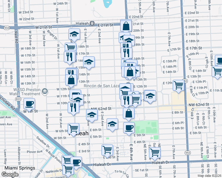 map of restaurants, bars, coffee shops, grocery stores, and more near 233 East 12th Street in Hialeah