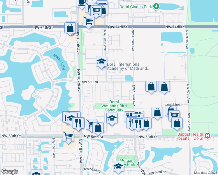 map of restaurants, bars, coffee shops, grocery stores, and more near 10342 Northwest 66th Street in Doral