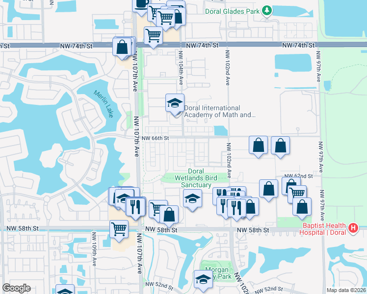 map of restaurants, bars, coffee shops, grocery stores, and more near 10342 Northwest 66th Street in Doral