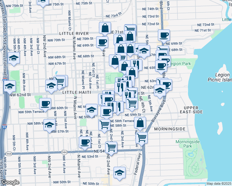map of restaurants, bars, coffee shops, grocery stores, and more near in Miami