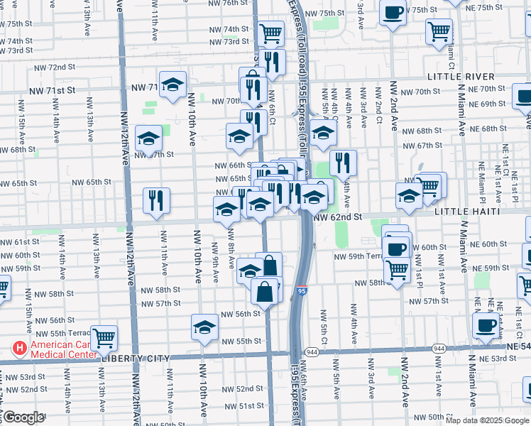 map of restaurants, bars, coffee shops, grocery stores, and more near 6265 Northwest 63rd Street in Miami