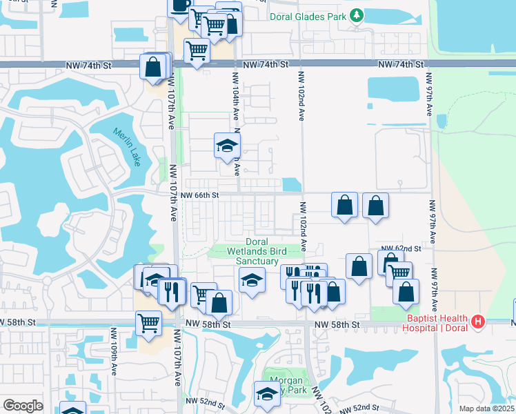 map of restaurants, bars, coffee shops, grocery stores, and more near 10342 Northwest 66th Street in Doral