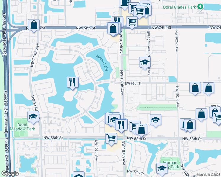 map of restaurants, bars, coffee shops, grocery stores, and more near 10770 Northwest 66th Street in Doral