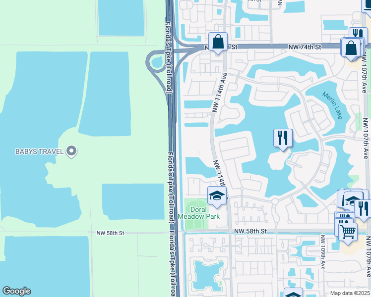 map of restaurants, bars, coffee shops, grocery stores, and more near 6560 Northwest 114th Avenue in Doral