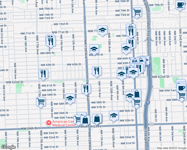 map of restaurants, bars, coffee shops, grocery stores, and more near 1144 Northwest 63rd Street in Miami