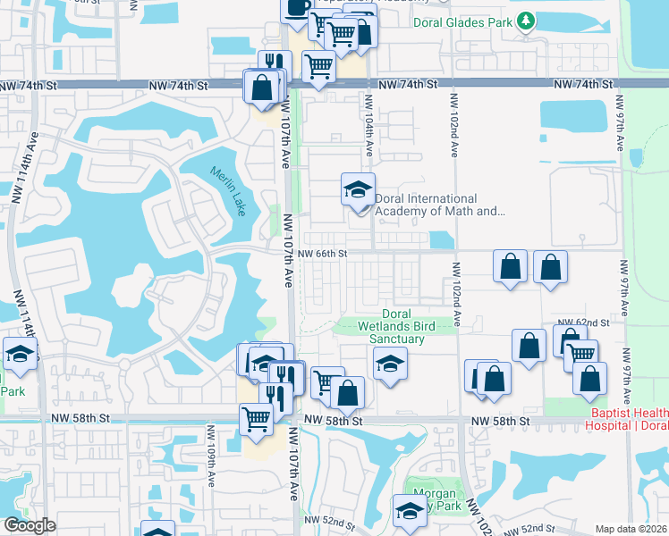 map of restaurants, bars, coffee shops, grocery stores, and more near 10526 Northwest 66th Street in Doral