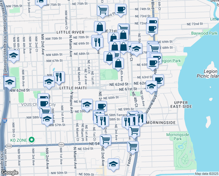 map of restaurants, bars, coffee shops, grocery stores, and more near in Miami