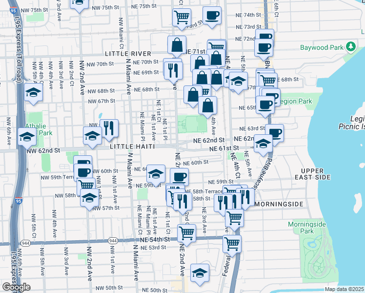map of restaurants, bars, coffee shops, grocery stores, and more near 200 Northeast 2nd Court in Miami