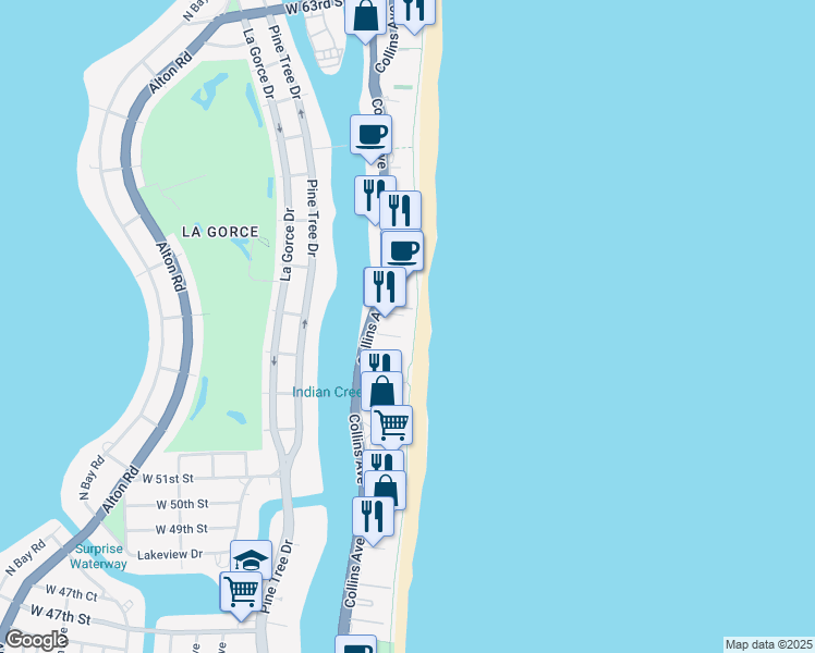 map of restaurants, bars, coffee shops, grocery stores, and more near 5415 Collins Avenue in Miami Beach