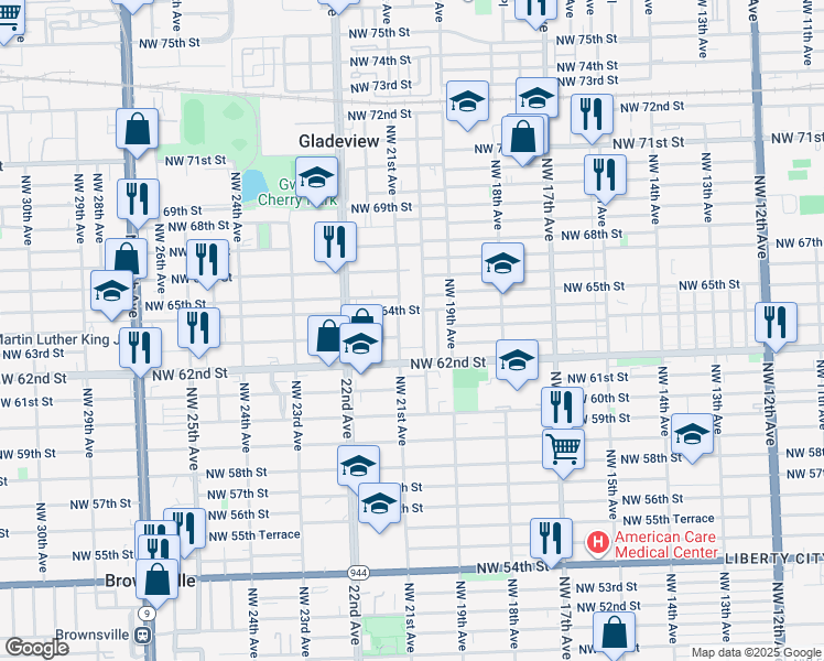 map of restaurants, bars, coffee shops, grocery stores, and more near 20 Northwest 21st Avenue in Miami