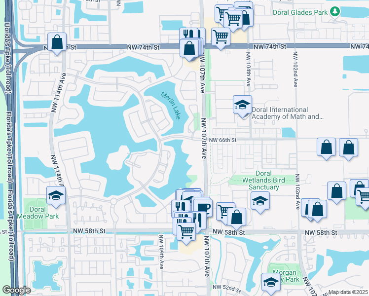map of restaurants, bars, coffee shops, grocery stores, and more near 10770 Northwest 66th Street in Doral