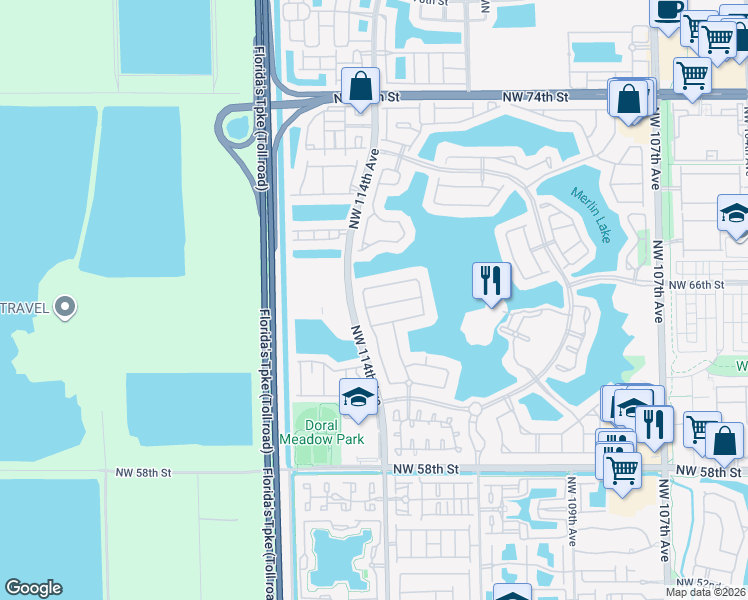 map of restaurants, bars, coffee shops, grocery stores, and more near 11354 Northwest 66th Street in Doral