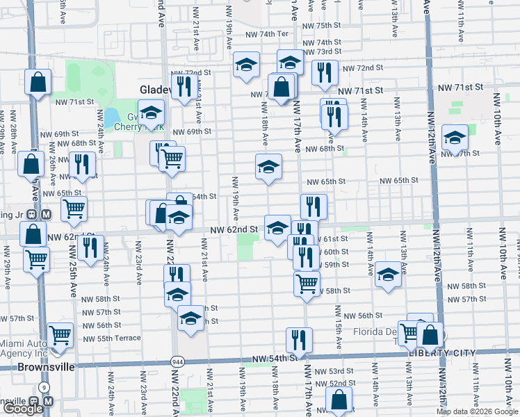map of restaurants, bars, coffee shops, grocery stores, and more near 1825 Northwest 63rd Street in Miami