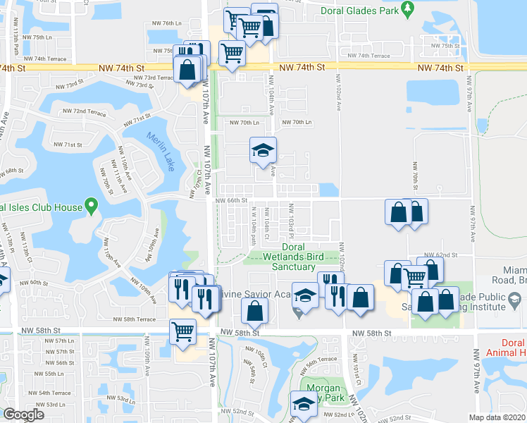 map of restaurants, bars, coffee shops, grocery stores, and more near 6434 Northwest 104th Court in Medley