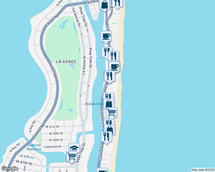 map of restaurants, bars, coffee shops, grocery stores, and more near 5401 Collins Avenue in Miami