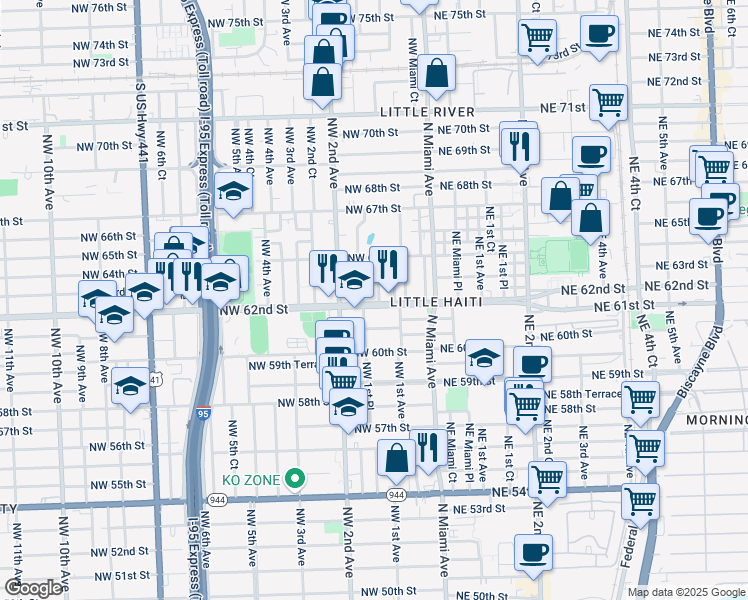map of restaurants, bars, coffee shops, grocery stores, and more near 6218 Northwest 1st Court in Miami