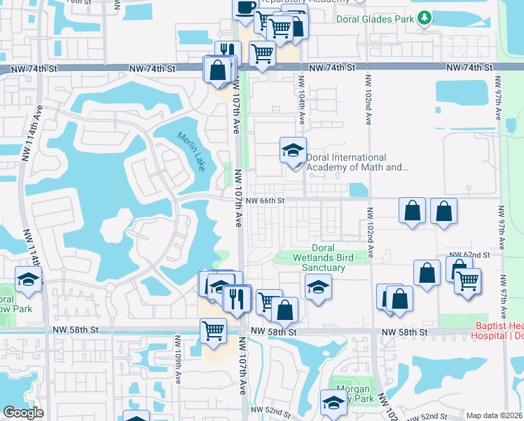 map of restaurants, bars, coffee shops, grocery stores, and more near 10526 Northwest 66th Street in Doral