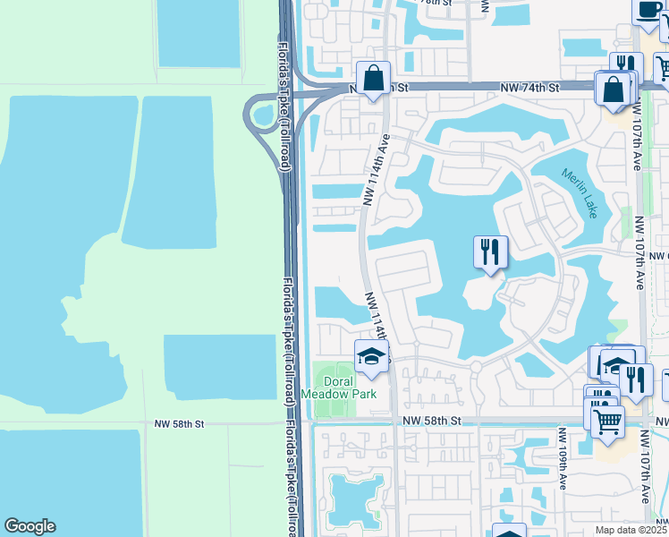 map of restaurants, bars, coffee shops, grocery stores, and more near 6420 Northwest 114th Avenue in Doral