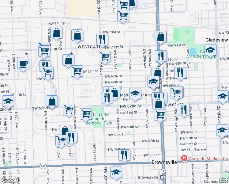 map of restaurants, bars, coffee shops, grocery stores, and more near 3082 Northwest 65th Street in Miami