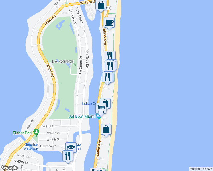 map of restaurants, bars, coffee shops, grocery stores, and more near 5401 Collins Avenue in Miami