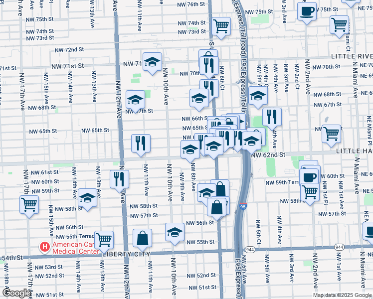 map of restaurants, bars, coffee shops, grocery stores, and more near 820 Northwest 63rd Street in Miami
