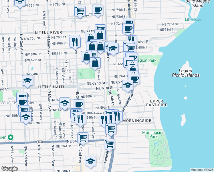 map of restaurants, bars, coffee shops, grocery stores, and more near 370 Northeast 62nd Street in Miami