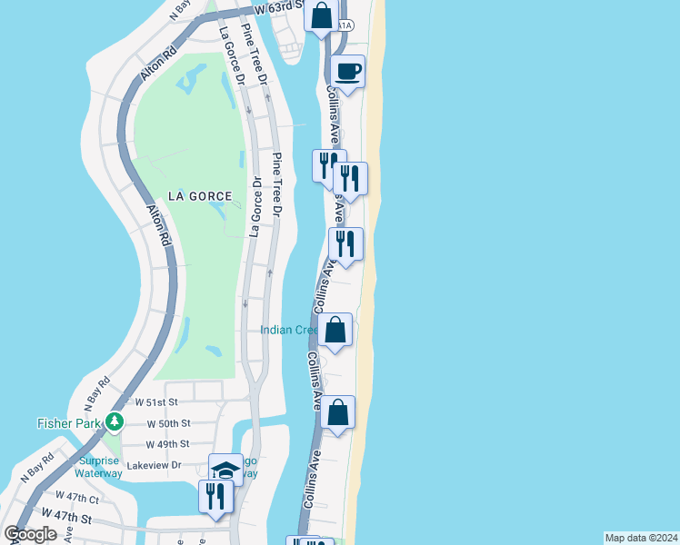 map of restaurants, bars, coffee shops, grocery stores, and more near 5401 Collins Avenue in Miami