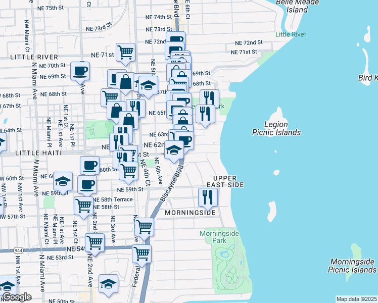 map of restaurants, bars, coffee shops, grocery stores, and more near in Miami