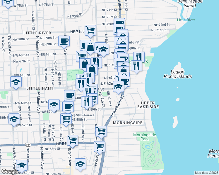 map of restaurants, bars, coffee shops, grocery stores, and more near 536 Northeast 62nd Street in Miami
