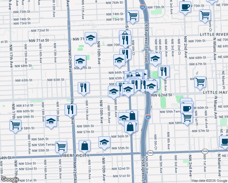 map of restaurants, bars, coffee shops, grocery stores, and more near 820 Northwest 63rd Street in Miami