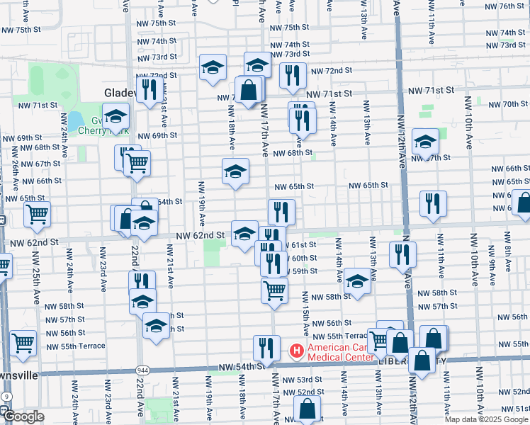 map of restaurants, bars, coffee shops, grocery stores, and more near 1685 Northwest 63rd Street in Miami