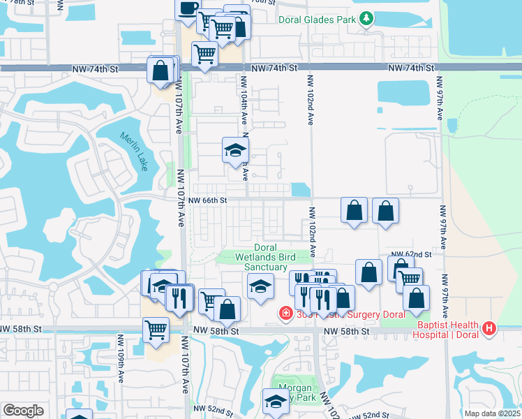 map of restaurants, bars, coffee shops, grocery stores, and more near 10342 Northwest 66th Street in Doral