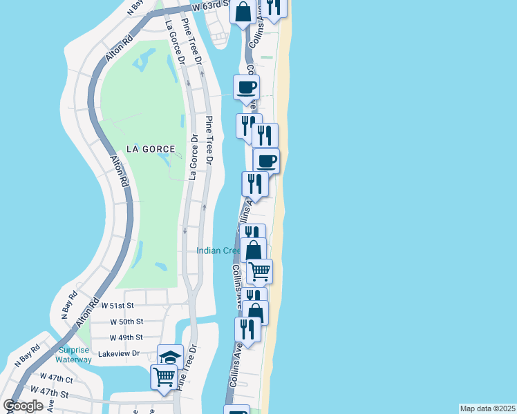 map of restaurants, bars, coffee shops, grocery stores, and more near 5401 Collins Avenue in Miami