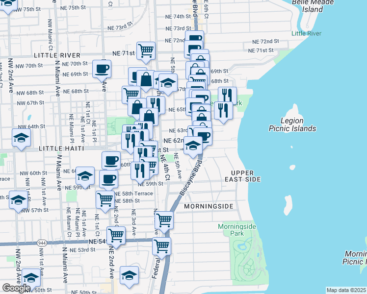 map of restaurants, bars, coffee shops, grocery stores, and more near 536 Northeast 62nd Street in Miami