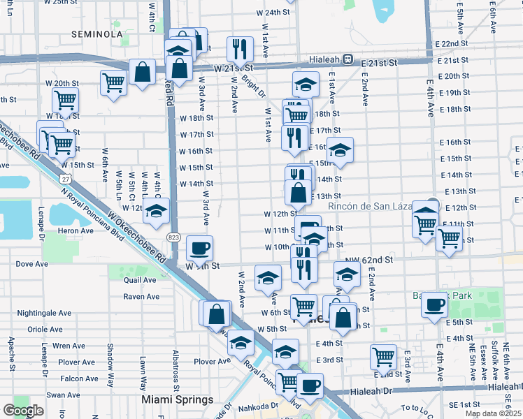 map of restaurants, bars, coffee shops, grocery stores, and more near 147 West 12th Street in Hialeah