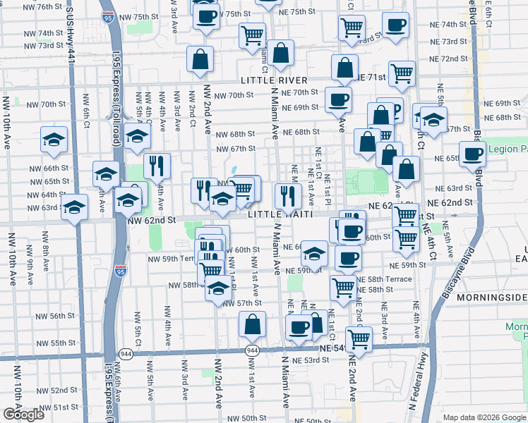 map of restaurants, bars, coffee shops, grocery stores, and more near 6210 Northwest Miami Place in Miami