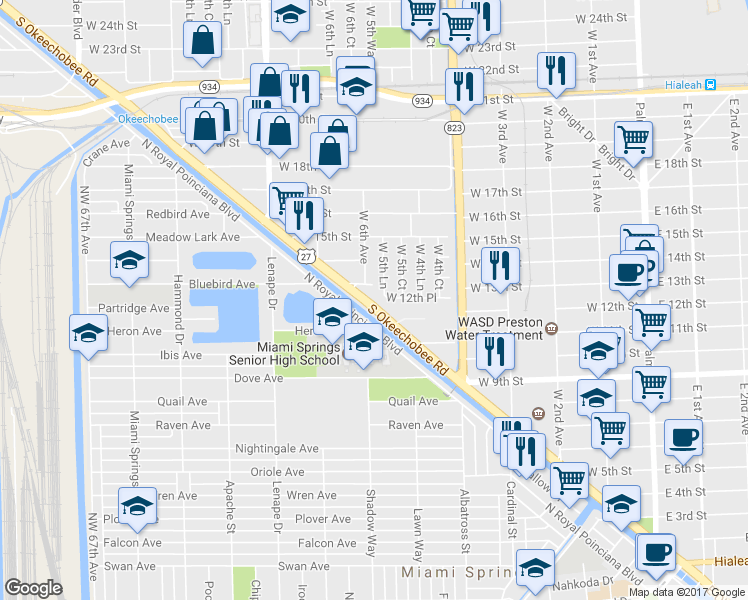 map of restaurants, bars, coffee shops, grocery stores, and more near 1255 South Okeechobee Road in Hialeah