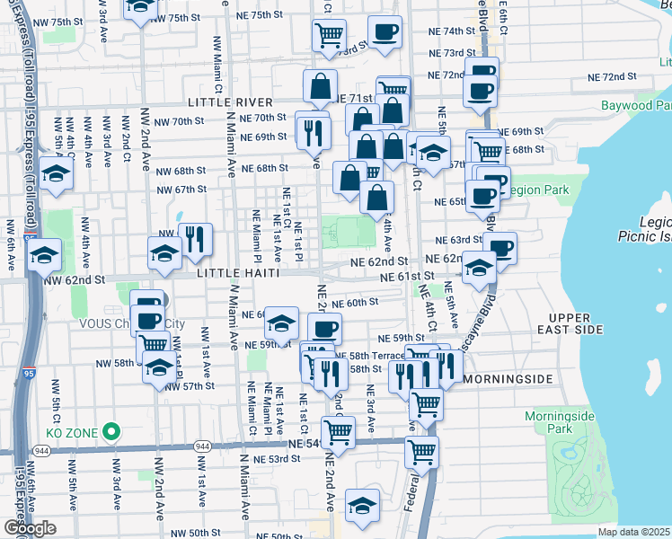 map of restaurants, bars, coffee shops, grocery stores, and more near 200 Northeast 2nd Court in Miami
