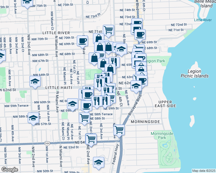 map of restaurants, bars, coffee shops, grocery stores, and more near 370 Northeast 62nd Street in Miami